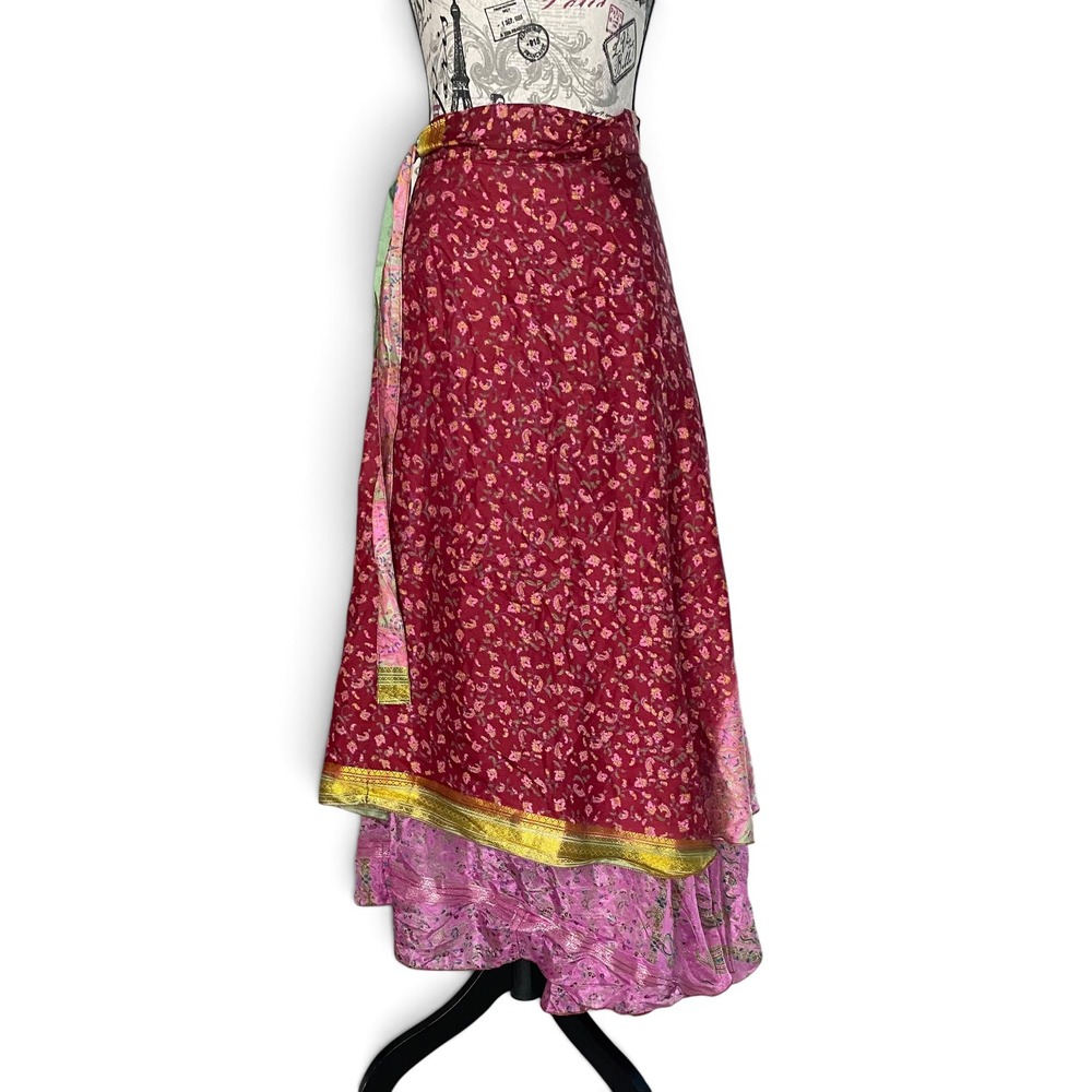 Jack Pot New York Wrap Skirt Womens OS Red Pink Silk Reversible Paisley Floral